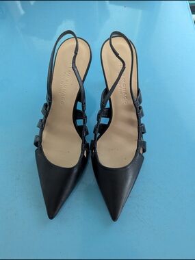 Club Monaco Black Pointed Slingback Heels with Strappy Side Detail